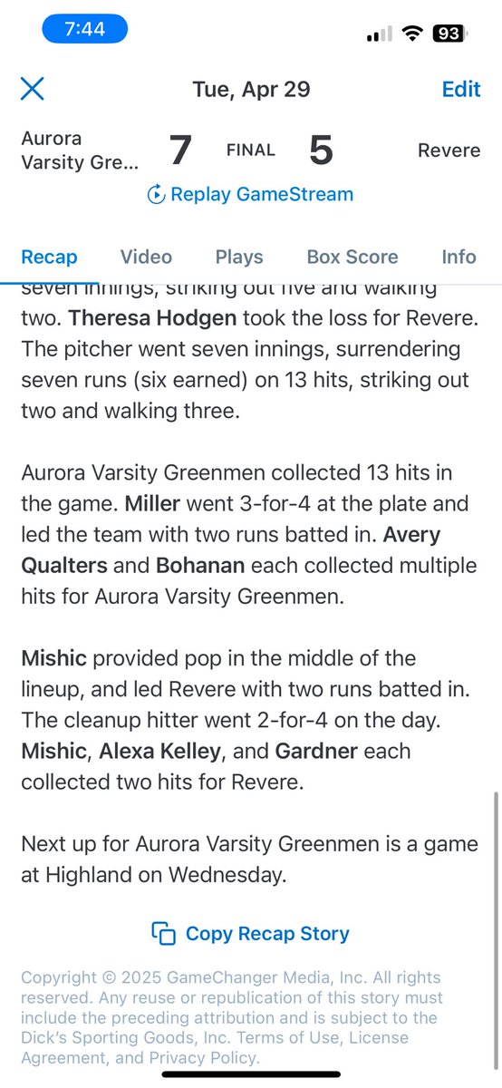Aurora Softball (@softballaurora) on Twitter photo Aurora defeats Revere 7-5.
<a href="/sretton2/">Sophie Retton</a> gets the W in the back and forth battle!
<a href="/RaynaUnverferth/">Rayna Unverferth</a> went 4-4!
Game recap below ๐๐ผ Aurora defeats Revere 7-5.
<a href="/sretton2/">Sophie Retton</a> gets the W in the back and forth battle!
<a href="/RaynaUnverferth/">Rayna Unverferth</a> went 4-4!
Game recap below ๐๐ผ