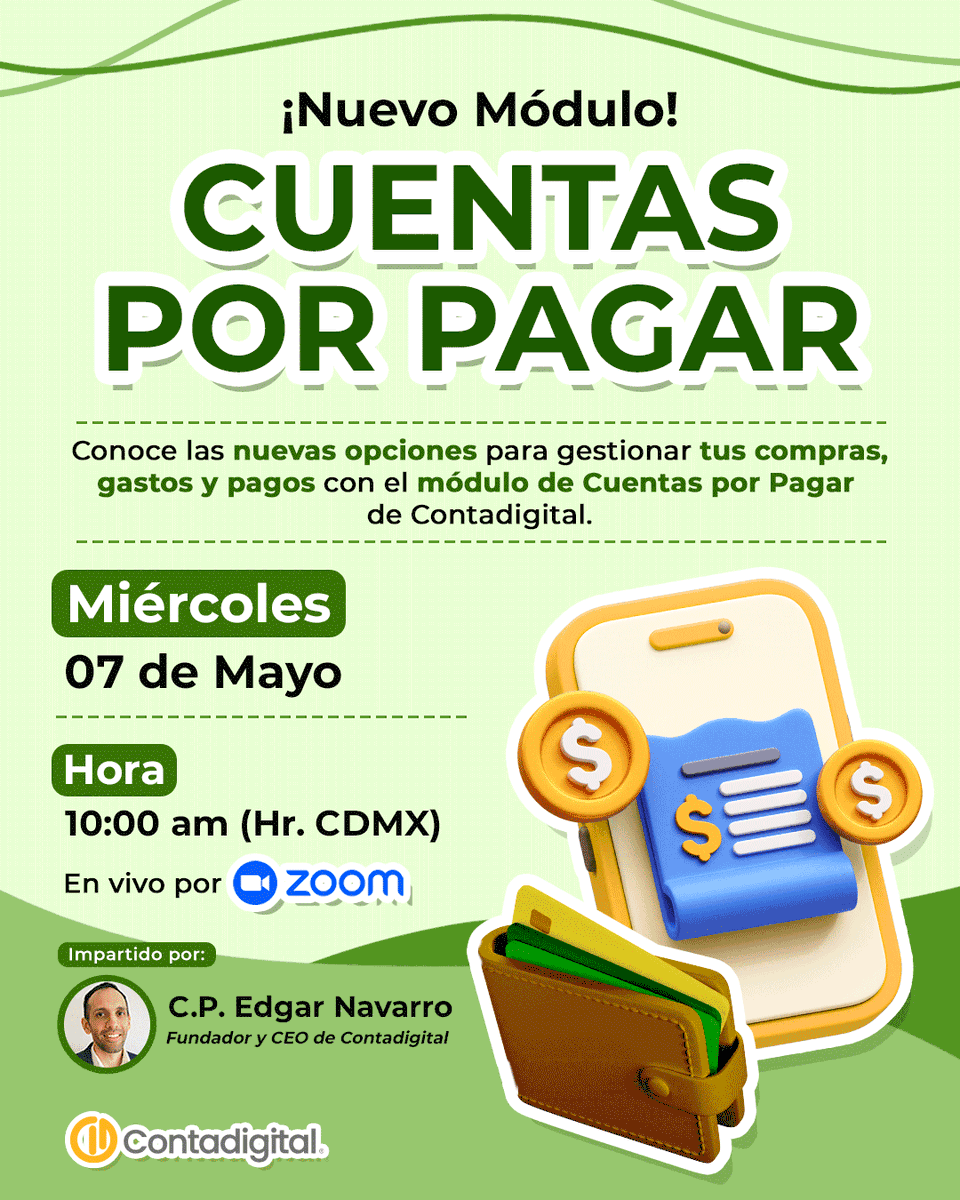 ContabilidadDig's tweet image. Te invitamos a la presentación especial de nuestro #módulo ¡CUENTAS POR #PAGAR! 💳💰📊

📆 Miércoles 07 de Mayo
⏰ 10:00 am (Hr. CDMX)
💁 Presentado por Edgar Navarro | CEO de Contadigital
🔴 En vivo por #zoom

Aparta tu lugar aquí 👇
us02web.zoom.us/webinar/regist…