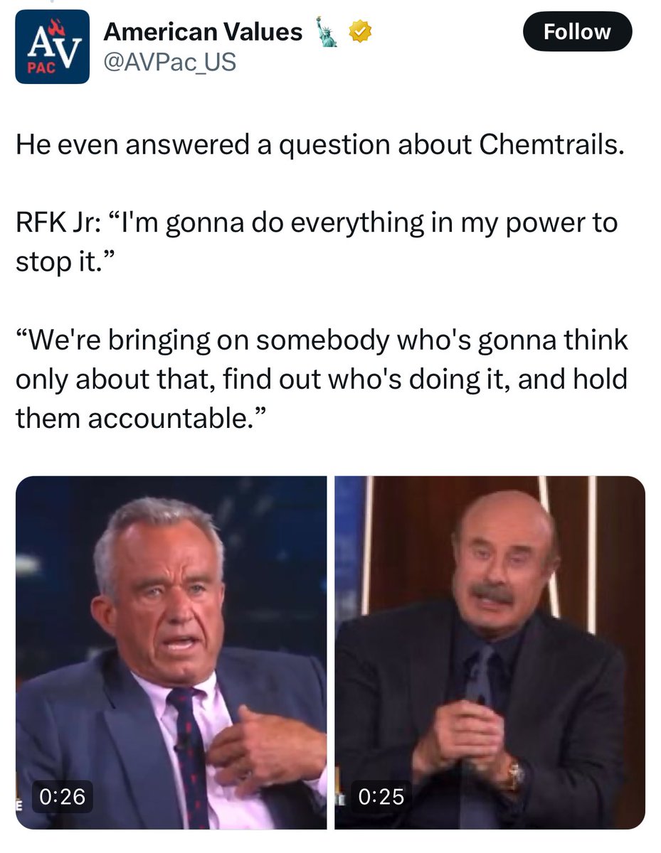 RFK Jr says he's going to stop Chemtrails 

He's also going to arrest the tooth fairy, ban elves from America and ensure the Loch Ness Monster is kept away from your food supply.