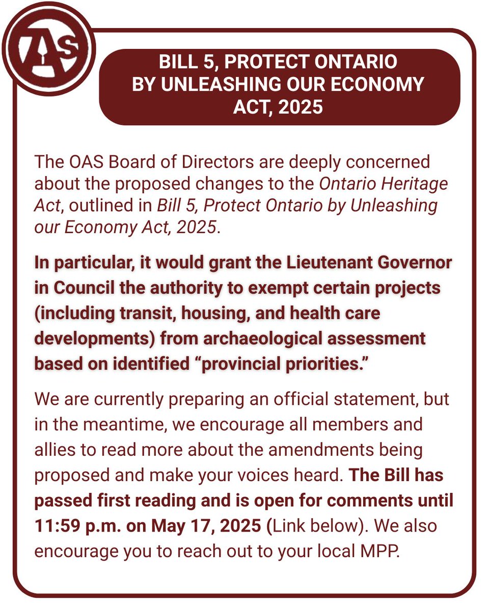 Statement about the proposed legislation from the Chiefs of Ontario: buff.ly/aPYTS5n

Statement from Archaeological Research Associates (ARA): buff.ly/bRqXFYy 

Read the proposed OHA changes and submit comments here: buff.ly/yb5VqPK