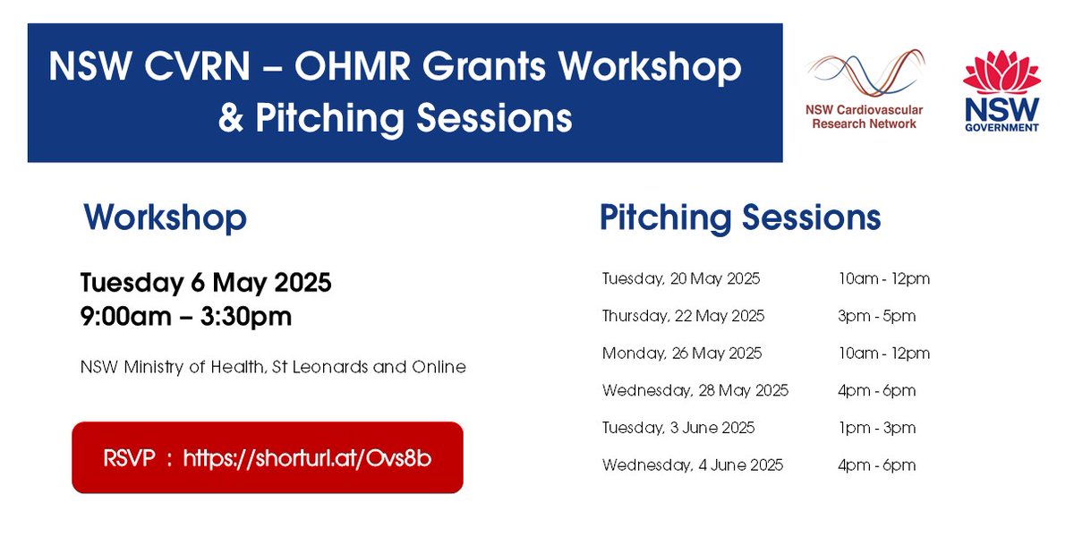 NSW CVRN (@nswcvrn) on Twitter photo Attending the <a href="/NSWCVRN/">NSW CVRN</a>–OHMR Grants Workshop on 6 May? Pitching session registrations are now open — available only to those who expressed interest during workshop sign-up! Spots are going fast — register now!: shorturl.at/Ovs8b
<a href="/MedResearchNSW/">NSW Medical Research</a>
<a href="/SOLVECHD/">❤️SOLVECHD❤️</a>
<a href="/OzCvA/">ACvA</a> Attending the <a href="/NSWCVRN/">NSW CVRN</a>–OHMR Grants Workshop on 6 May? Pitching session registrations are now open — available only to those who expressed interest during workshop sign-up! Spots are going fast — register now!: shorturl.at/Ovs8b
<a href="/MedResearchNSW/">NSW Medical Research</a>
<a href="/SOLVECHD/">❤️SOLVECHD❤️</a>
<a href="/OzCvA/">ACvA</a>