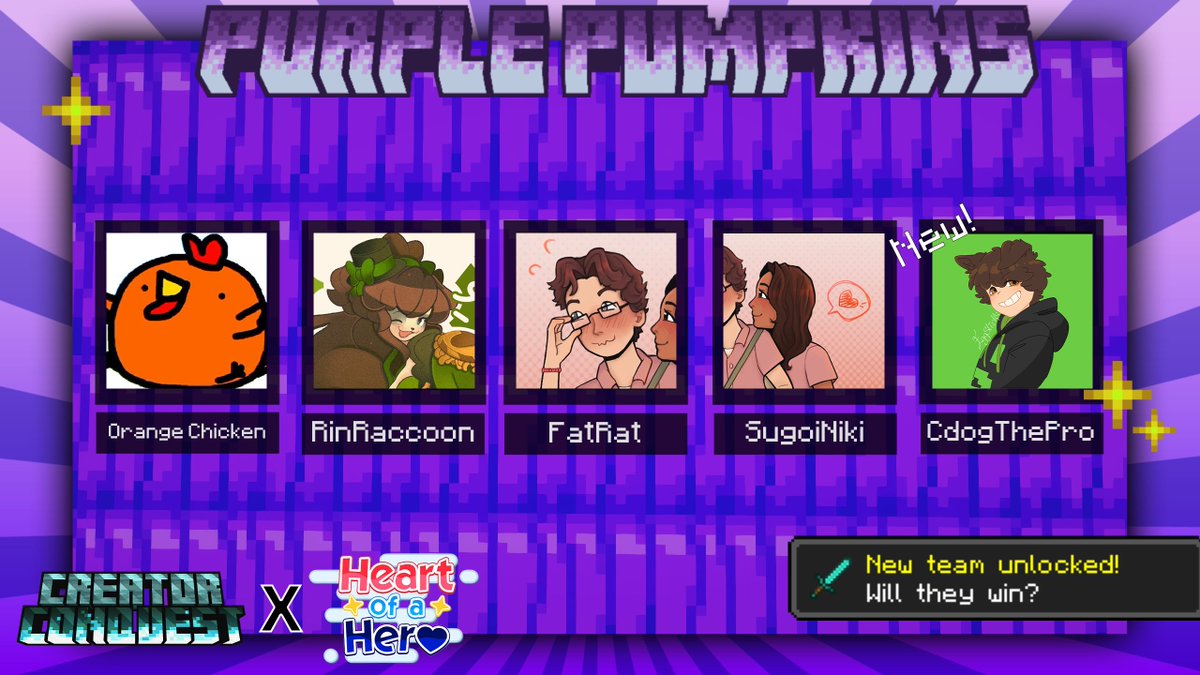 Creator Conquest (@creatorconquest) on Twitter photo Introducing team Purple Pumpkins!
<a href="/Orangee_Chicken/">Orange Chicken</a> <a href="/RinRaccoony/">Rin 🦝💚🎪</a> <a href="/fatratlive/">Jack FatRat</a> <a href="/sugoiniki/">Niki ♡</a> <a href="/CdogThePro/">CdogThePro</a>
Watch them in Creator Conquest 20 x <a href="/HeartOfAHer0_/">Heart Of A Hero</a> on Sunday 18th May at 3pm EST / 8pm BST! Introducing team Purple Pumpkins!
<a href="/Orangee_Chicken/">Orange Chicken</a> <a href="/RinRaccoony/">Rin 🦝💚🎪</a> <a href="/fatratlive/">Jack FatRat</a> <a href="/sugoiniki/">Niki ♡</a> <a href="/CdogThePro/">CdogThePro</a>
Watch them in Creator Conquest 20 x <a href="/HeartOfAHer0_/">Heart Of A Hero</a> on Sunday 18th May at 3pm EST / 8pm BST!