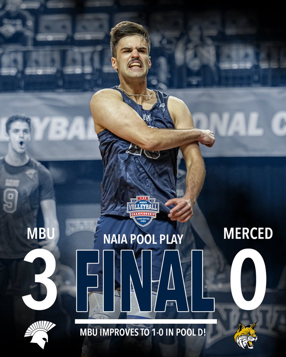 MBU hit .407 on 86 attacks to take game one of Pool Play over UC Merced! 

Michael Olson led the way with 15 kills and a .636 attack percentage! 

Next game: Thursday vs STU, 4 pm

#SpartanUp #NAIAMVB #BattleForTheRedBanner