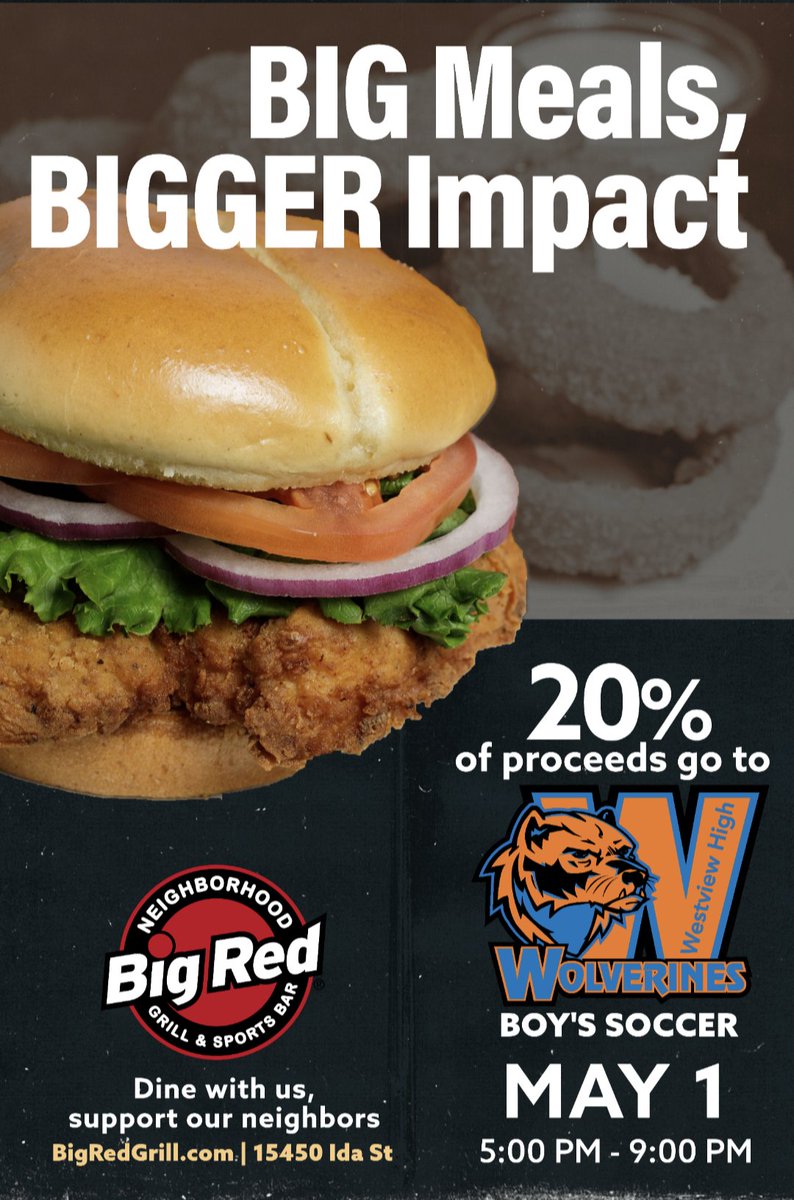 Take the night off of cooking on Thursday. Head to Big Red Sports bar &amp; grill for some great food while helping support my Westview Men's Soccer team. Make sure to mention "Westview Men's Soccer" on all dine-in, carryout and pick-up orders.