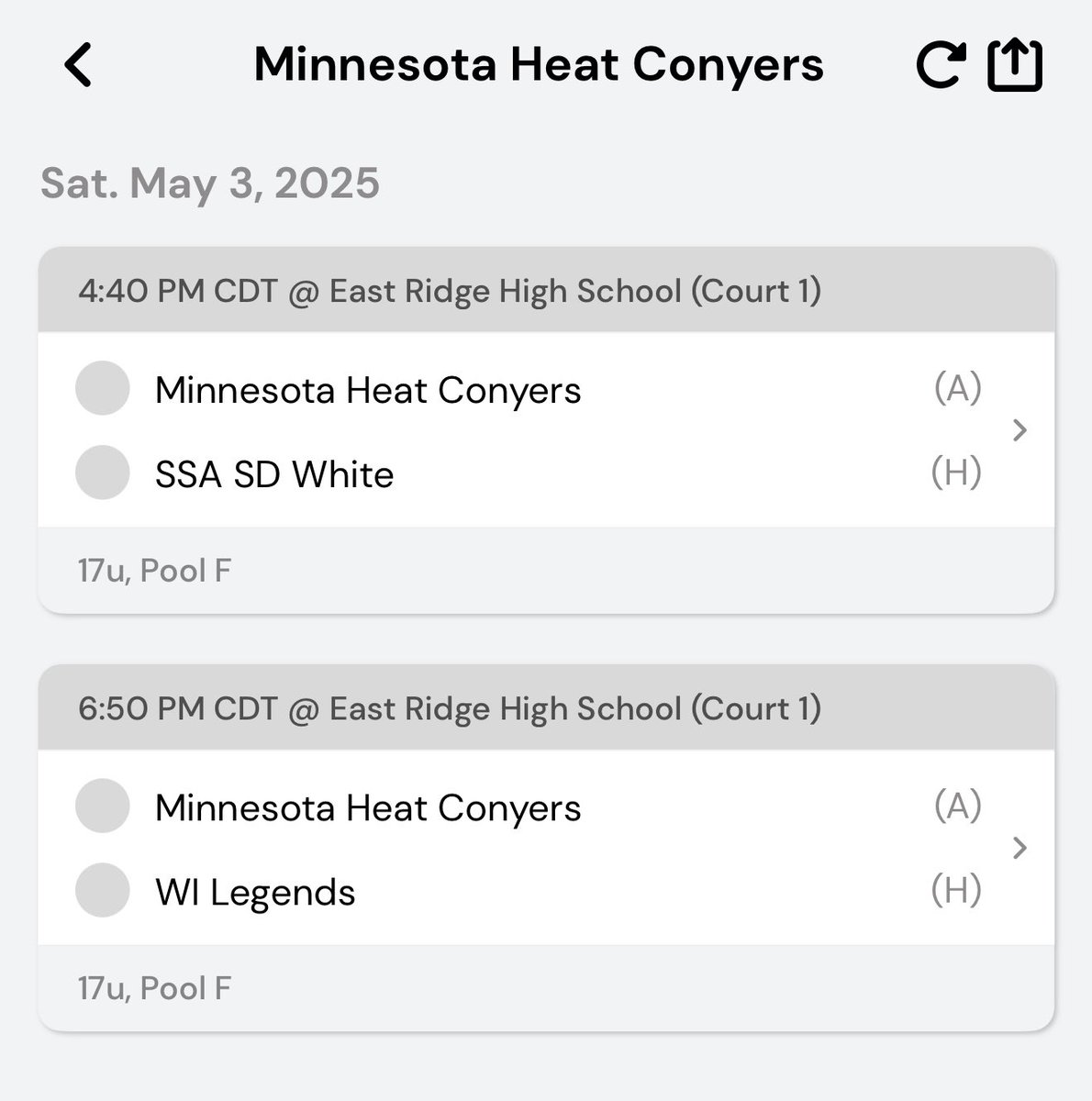 Minnesota Heat Conyers (@heatconyers) on Twitter photo We play in the Scheels College Prospect Series this weekend! π₯
Game One vs Sanford Sports Academy White
Game Two vs Wisconsin Legends
Should be a very competitive weekend all around! π
<a href="/seriesprospect1/">College Prospect Series</a>
<a href="/tchoopsczar/">Twin Cities Hoops Czar</a>
<a href="/RyanJamesMN/">Ryan James</a>
<a href="/MinnesotaHeat/">Minnesota Heat</a> We play in the Scheels College Prospect Series this weekend! π₯
Game One vs Sanford Sports Academy White
Game Two vs Wisconsin Legends
Should be a very competitive weekend all around! π
<a href="/seriesprospect1/">College Prospect Series</a>
<a href="/tchoopsczar/">Twin Cities Hoops Czar</a>
<a href="/RyanJamesMN/">Ryan James</a>
<a href="/MinnesotaHeat/">Minnesota Heat</a>