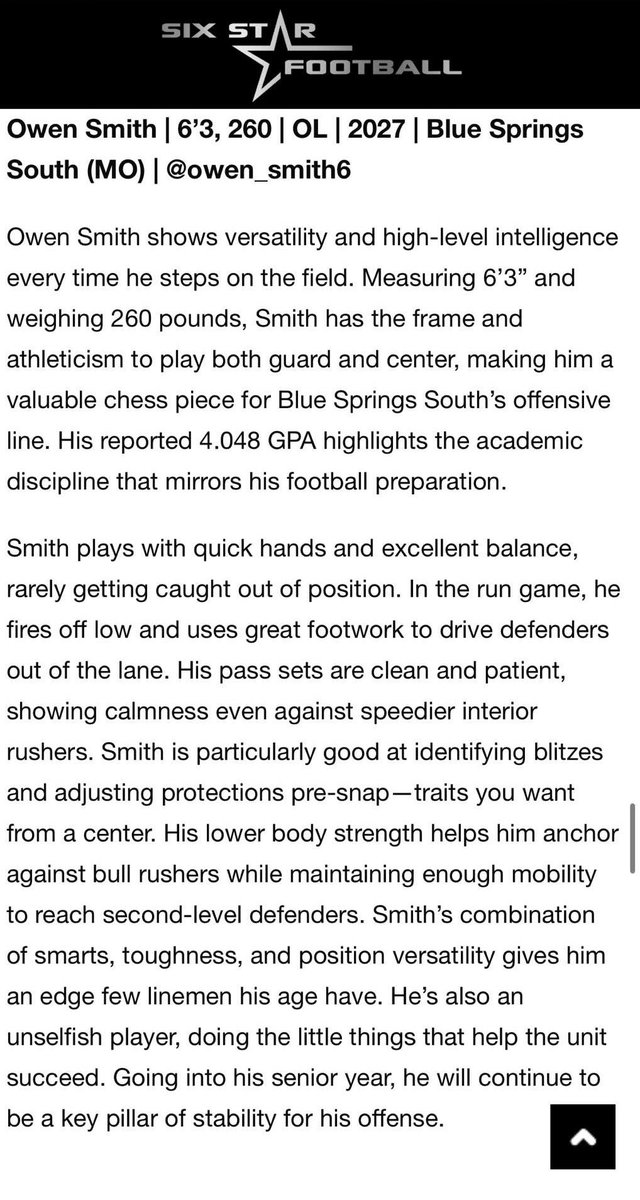 Thank you for write up! <a href="/sixstarfootball/">Six Star Football | PLUS+</a> <a href="/6starfootballMO/">Six Star Football | MISSOURI</a> 

<a href="/JaguarsBss/">Blue Springs South Football</a> 
<a href="/CoachWilmes25/">Coach Alan Wilmes</a> 
<a href="/Coach_Higgins68/">Boston Higgins</a>
