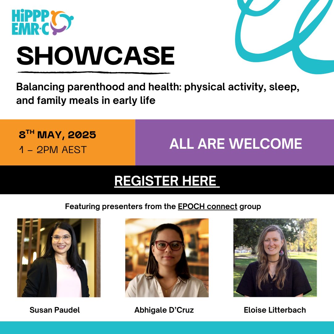 HiPPP EMR-Collective (@hippp_emr_c) on Twitter photo ā¼ļøDONāT MISS OUT, REGISTER NOW for our upcoming showcase! We celebrate colleagues at EPOCH Connect presenting on balancing parenthood & health: physical activity, sleep, & family meals in early life <a href="/SusanPaudel8/">Susan Paudel</a> <a href="/AbhigaleD/">Abhigale D'Cruz</a> <a href="/ELitterbach/">Dr Eloise Litterbach</a> š¶š¤š„
Register: monash.zoom.us/meeting/regist⦠ā¼ļøDONāT MISS OUT, REGISTER NOW for our upcoming showcase! We celebrate colleagues at EPOCH Connect presenting on balancing parenthood & health: physical activity, sleep, & family meals in early life <a href="/SusanPaudel8/">Susan Paudel</a> <a href="/AbhigaleD/">Abhigale D'Cruz</a> <a href="/ELitterbach/">Dr Eloise Litterbach</a> š¶š¤š„
Register: monash.zoom.us/meeting/registā¦