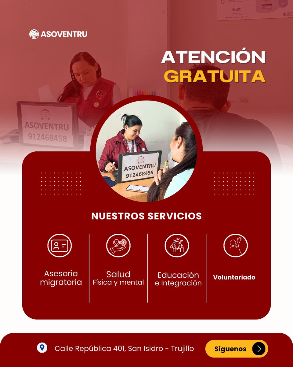 👋 Somos ASOVENTRU, Asociación de Venezolanos en Trujillo 🇻🇪🇵🇪

Brindamos apoyo en:
✅ Orientación migratoria
✅ Educación y voluntariado
✅ Salud, integración y más.

🕒 Horarios: Martes a Vie – 2 p.m. a 6 p.m.
📍Trujillo, Perú - Calle República 401, San Isidro
#asoventru 💛💙❤️