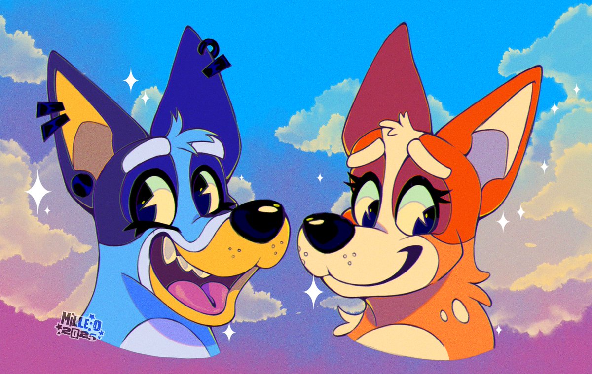 MilleDPurple's tweet image. Bluey and Bingo 💙✨🧡
(It’s kinda a recolor of an old art but still a banger hihihi)
#blueyart #bluey