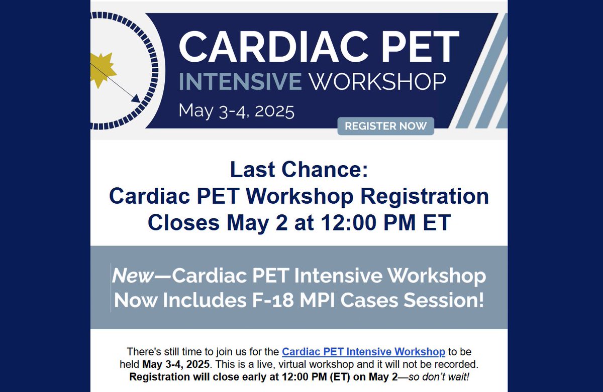 ASNC Society (@myasnc) on Twitter photo Registration for ASNC's Cardiac PET Intensive Workshop closes Friday at 12PM! Register🔗bit.ly/3Rmk5AV
💥Just added to the agenda: F-18 Flurpiridaz Case Breakout Session! <a href="/almallahmo/">Mouaz Al-Mallah, M.D MSc</a> & <a href="/DekempRob/">Rob deKemp</a> will walk attendees through real-world F-18 cases & provide insights into Registration for ASNC's Cardiac PET Intensive Workshop closes Friday at 12PM! Register🔗bit.ly/3Rmk5AV
💥Just added to the agenda: F-18 Flurpiridaz Case Breakout Session! <a href="/almallahmo/">Mouaz Al-Mallah, M.D MSc</a> & <a href="/DekempRob/">Rob deKemp</a> will walk attendees through real-world F-18 cases & provide insights into