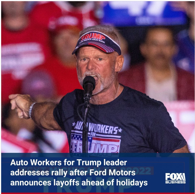 Frost16Frost's tweet image. #Trumprally
This is Brian Pannebecker Founder for the Auto Workers for Trump 2024 who  trump hauls out at all his rallies as if all the auto workers support that fool.  I'm sure he's running some kind of scam  with this organization. I wonder how he's going to explain to the laid