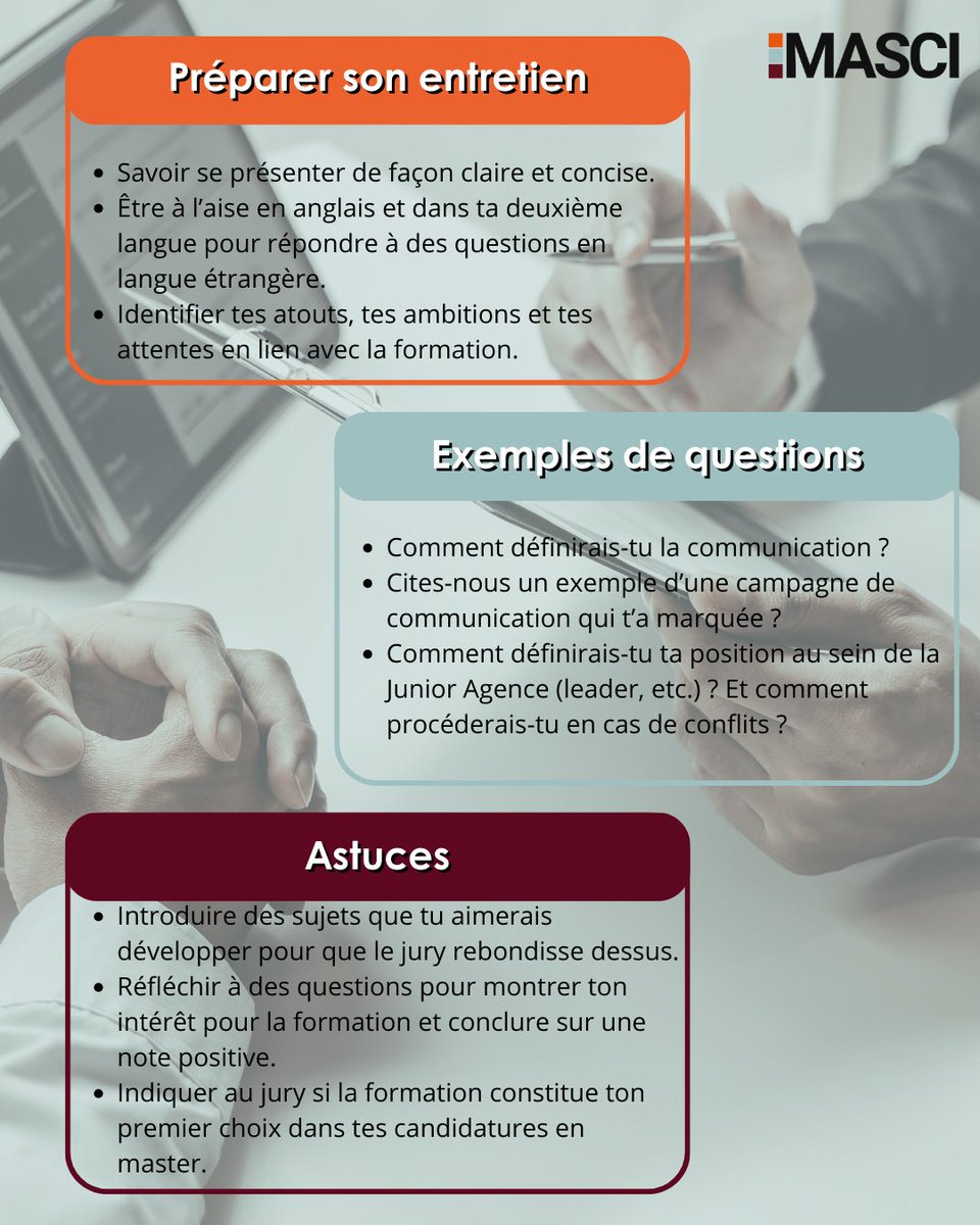 Master MASCI (@mastermasci) on Twitter photo Candidaturesđ
Vous en ĂȘtes Ă la derniĂšre phase de votre entretien avant dâintĂ©grer le MASCI !
Lâentretien est trĂšs important pour lâĂ©quipe pĂ©dagogique mais aussi pour vous, car cet entretien va dĂ©terminer le choix de lâĂ©quipe pĂ©dagogique mais aussi le vĂŽtre.
VoilĂ des conseils ! Candidaturesđ
Vous en ĂȘtes Ă la derniĂšre phase de votre entretien avant dâintĂ©grer le MASCI !
Lâentretien est trĂšs important pour lâĂ©quipe pĂ©dagogique mais aussi pour vous, car cet entretien va dĂ©terminer le choix de lâĂ©quipe pĂ©dagogique mais aussi le vĂŽtre.
VoilĂ des conseils !