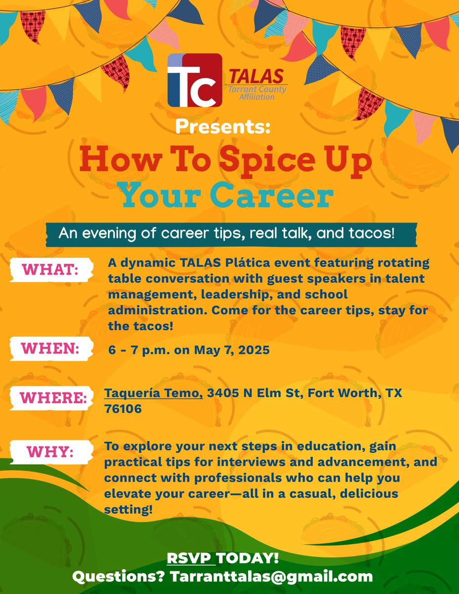 Let’s Taco ’Bout Your Future! Join us for our next TALAS Plática at Taqueria Temo! Rotating tables, expert advice, and tacos – what more could you ask for?

Spots are limited! RSVP now: forms.gle/y4RwY5FL95X5ap… – 

#TALAS #TacosAndTalks #Leaders #CareerGrowth
