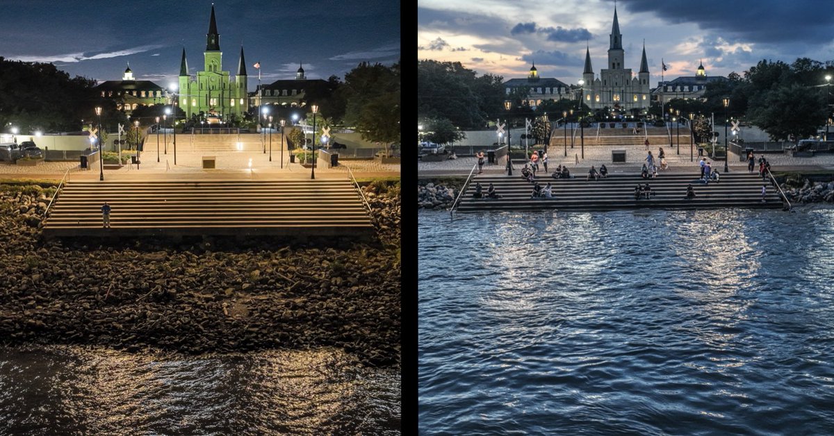 Our breathing river in New Orleans. One of the lowest water levels in the last 5 years (left pic, October 2022), and one of the highest (right pic, yesterday). The level is expected to stay about the same for another week, and then decline. The levees are doing their job.