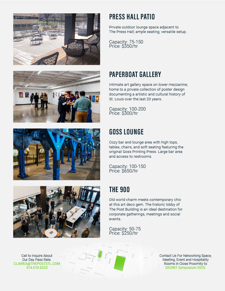 GeoFuturesSTL (@geofuturesstl) on Twitter photo Meet Us In St. Louis for #GEOINT2025!
Explore networking spaces <a href="/post_building/">The Post Building</a> in <a href="/DowntownStLouis/">Downtown St. Louis</a> ⬇️ Meet Us In St. Louis for #GEOINT2025!
Explore networking spaces <a href="/post_building/">The Post Building</a> in <a href="/DowntownStLouis/">Downtown St. Louis</a> ⬇️