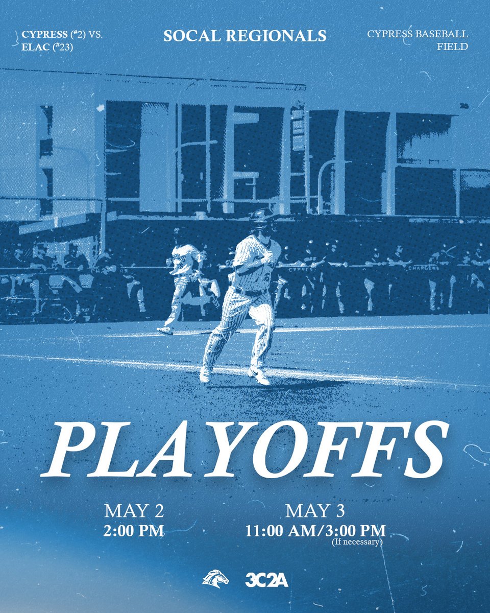 P L A Y O F F S ⚾

🆚East LA
📆 Series starts Friday, May 2
📍Cypress College
⌚️2:00pm

CASH ONLY ADMISSION
*Per 3C2A Regulations
$12 General
$8 Seniors 60+
Faculty/Staff &amp; Students
Children 12 &amp; under