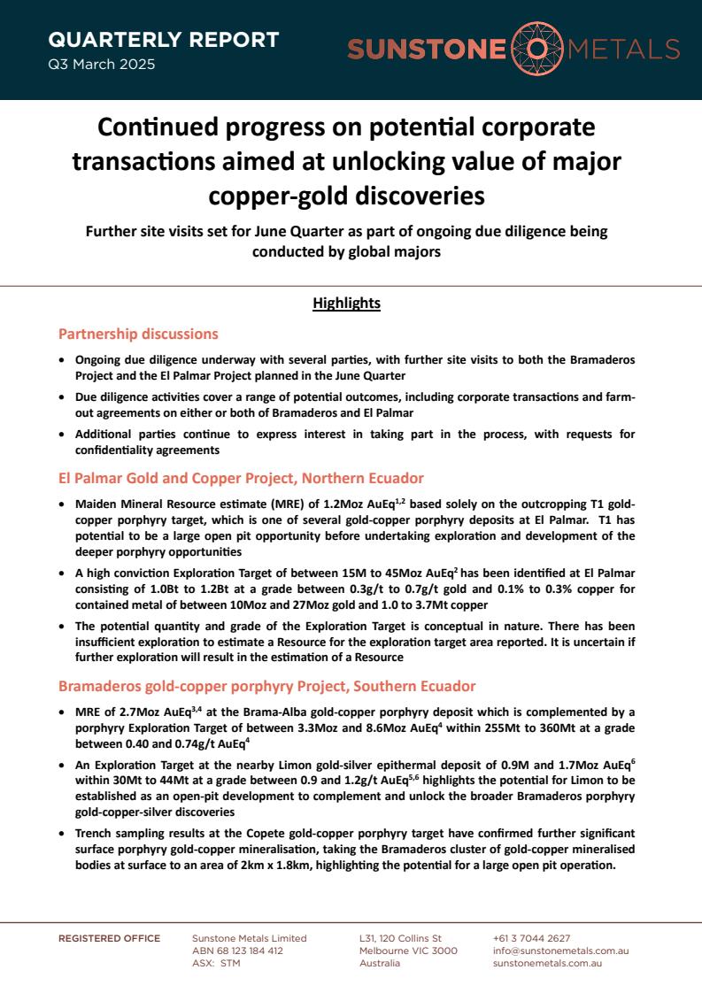 Sunstone Metals Limited (@sunstonemetals) on Twitter photo Sunstone has today released its March 2025 Quarterly Activities and Appendix 5B Cash Flow Reports 
#gold #copper #mining #investing $STM 
bit.ly/3ELBlwC Sunstone has today released its March 2025 Quarterly Activities and Appendix 5B Cash Flow Reports 
#gold #copper #mining #investing $STM 
bit.ly/3ELBlwC