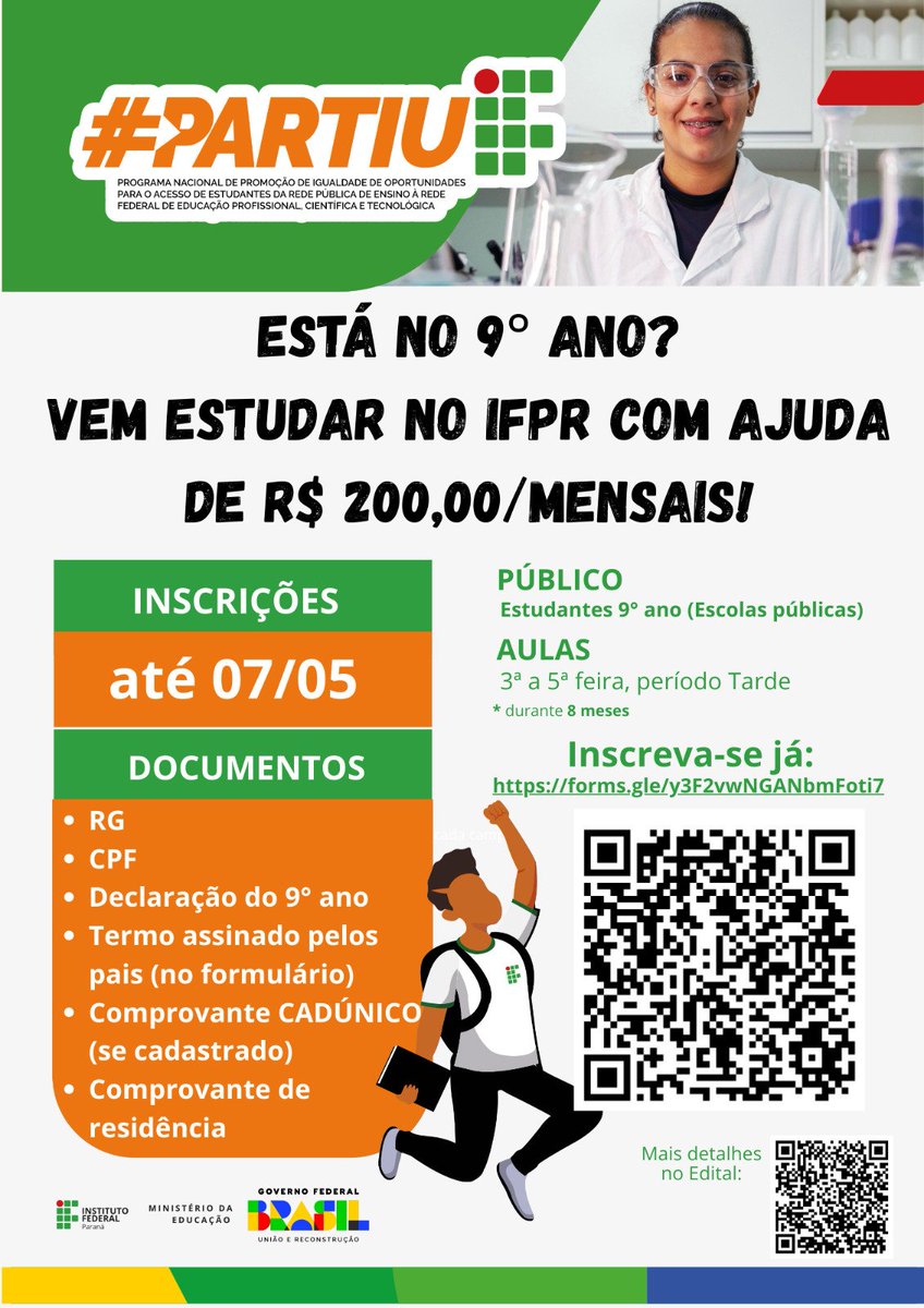 JacarezinhoIFPR's tweet photo. 🚨 *PRORROGADO até 07/05* 🚨

💡Conhece alguém no 9o ano do Ensino Fundamental?

O IFPR está com inscrições abertas para o *#Partiu IF*. https://t.co/ZXedzktjgL
