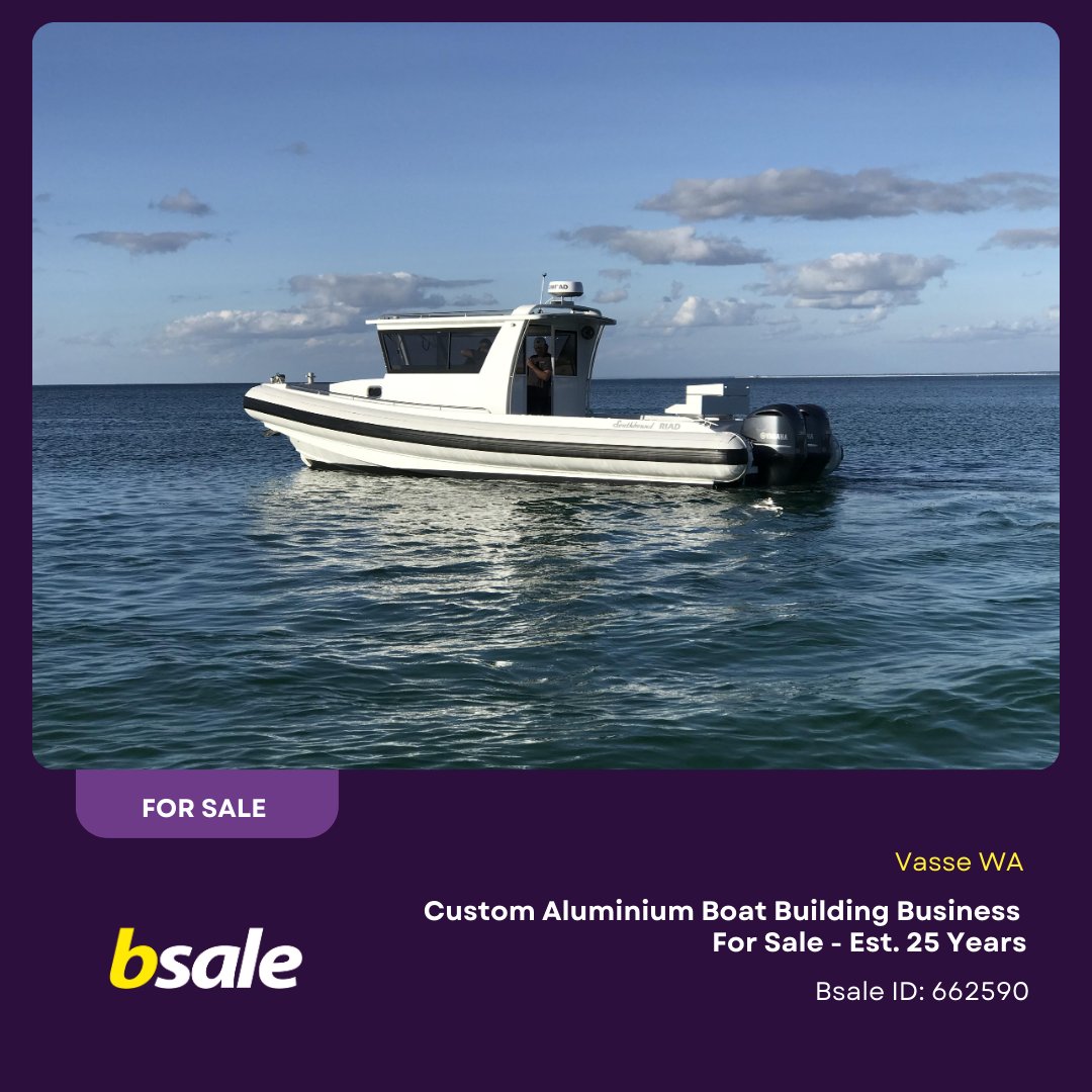 BsaleAustralia's tweet image. 🌟 Custom Aluminium Boat Building Business For Sale - Est. 25 Years🌟
📍 Vasse WA

✅ 1 x Demo RIAD boat valued at $240k
✅ Plant and equipment included
✅ Established website

👤 Benjamin Pethick
📞 0408 934 553
🆔 Bsale ID: 662590

#businessforsale #bsaleaus #customboat