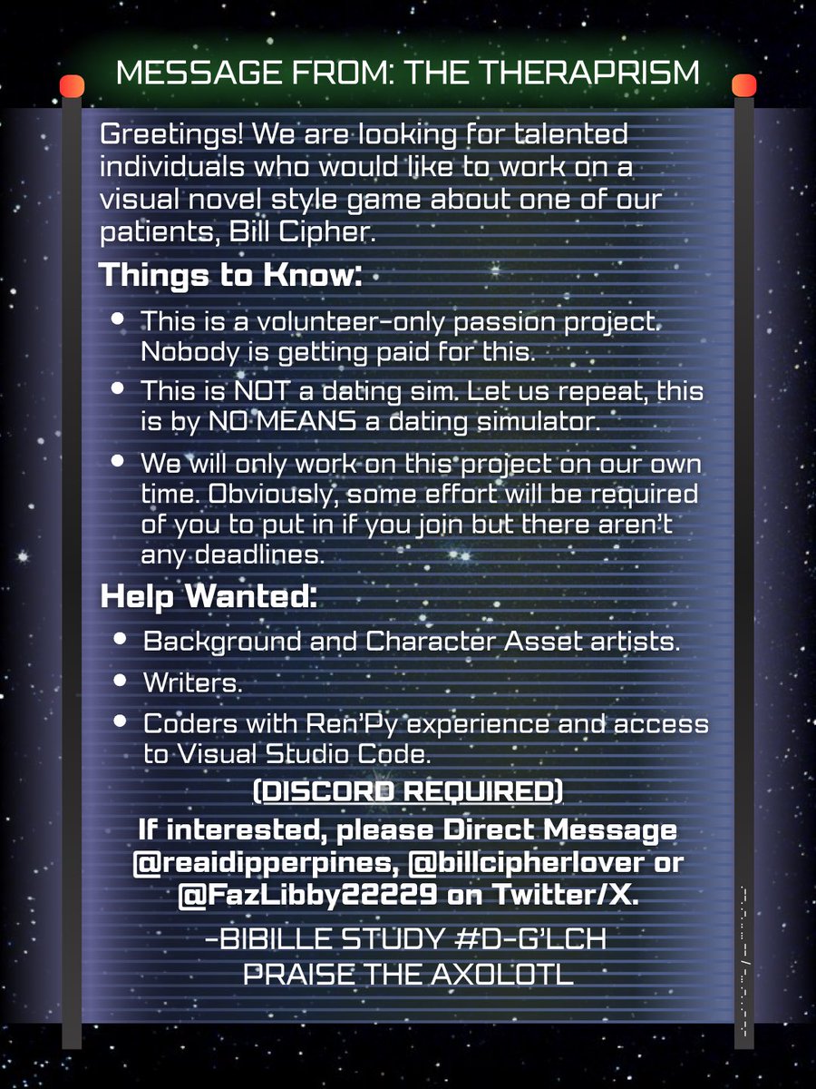 ⚠️ GRAVITY FALLS ARTISTS &amp; WRITERS WANTED! ⚠️ 

HEY SLICK! GOT TALENT? INTERESTED IN MAKING A GAME? ARE YOU A FAN OF GRAVITY FALLS? ARE YOU WILLING TO HELP FREE OUR TRIANGULAR OVERLORD FROM THE PATRONIZING HEALTH-HOLE HE’S CURRENTLY STUCK IN?!? 

DETAILS IN REPLIES! #GravityFalls