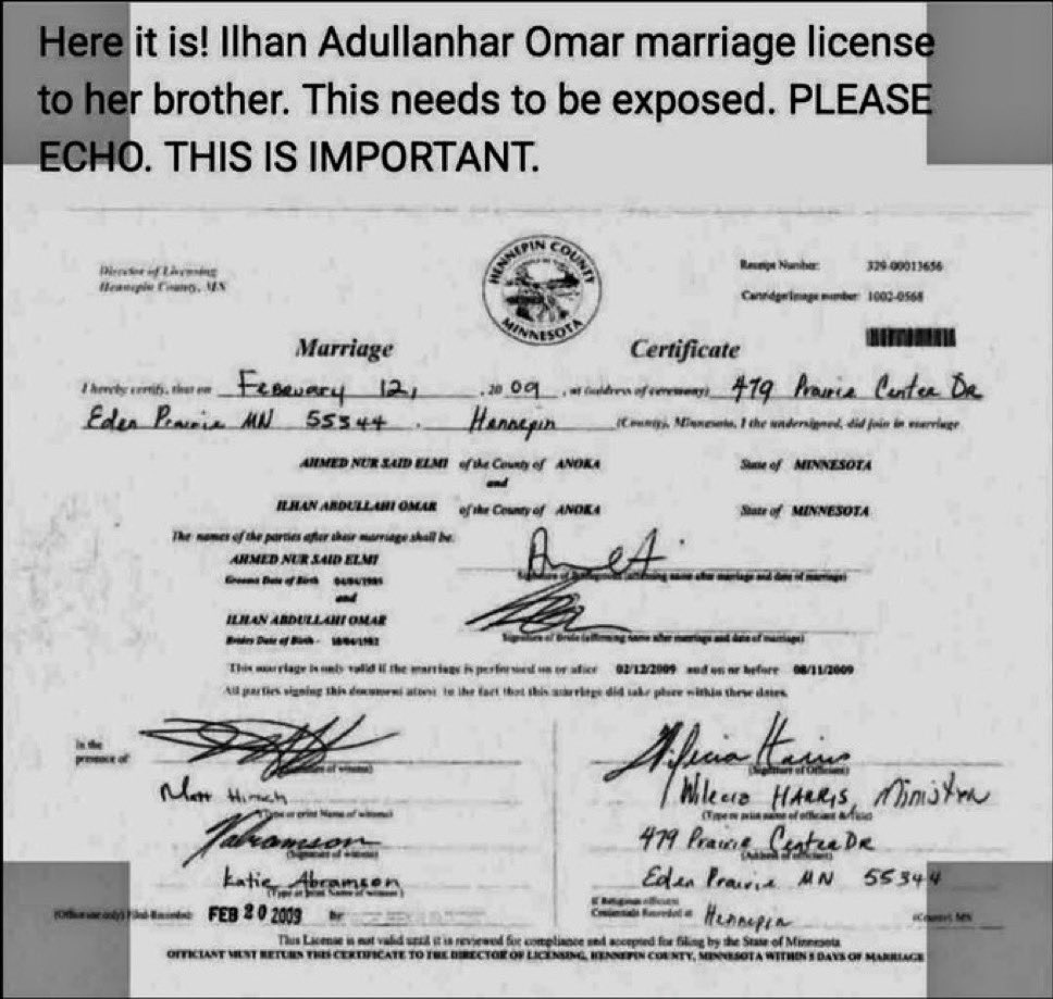 Well here is a copy of her marriage Certificate with her Brother! IIhan Omar. 
This is fraud!