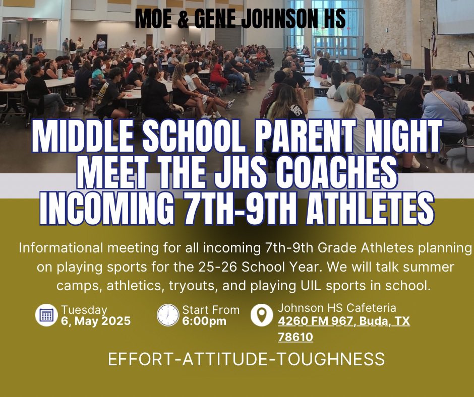 Sam Carlin (@coachcarlin) on Twitter photo Calling all Future Jags! Incoming 7th-9th Grade Parent Meeting. Meet the JHS Head Coaches. <a href="/JhsJags/">JHSJags</a> <a href="/JagsClub/">JAGS Athletic Booster Club</a> <a href="/jagsaquatics/">JHS Jags Aquatics</a> <a href="/_JaguarBaseball/">Buda Johnson Baseball</a> <a href="/JagsFutbol/">Johnson High School Men's Soccer</a> <a href="/jagsgolf1/">jagsgolf</a> <a href="/BudaJagsTrack/">Buda Johnson Track & Field</a> <a href="/Buda_Johnson_XC/">Buda Johnson XC</a> <a href="/BudaJohnsonPL/">Buda Johnson Powerlifting</a> <a href="/BudaJagsFB/">BudaJagsFootball</a> <a href="/CoachLMoffett/">Lance Moffett</a> Calling all Future Jags! Incoming 7th-9th Grade Parent Meeting. Meet the JHS Head Coaches. <a href="/JhsJags/">JHSJags</a> <a href="/JagsClub/">JAGS Athletic Booster Club</a> <a href="/jagsaquatics/">JHS Jags Aquatics</a> <a href="/_JaguarBaseball/">Buda Johnson Baseball</a> <a href="/JagsFutbol/">Johnson High School Men's Soccer</a> <a href="/jagsgolf1/">jagsgolf</a> <a href="/BudaJagsTrack/">Buda Johnson Track & Field</a> <a href="/Buda_Johnson_XC/">Buda Johnson XC</a> <a href="/BudaJohnsonPL/">Buda Johnson Powerlifting</a> <a href="/BudaJagsFB/">BudaJagsFootball</a> <a href="/CoachLMoffett/">Lance Moffett</a>