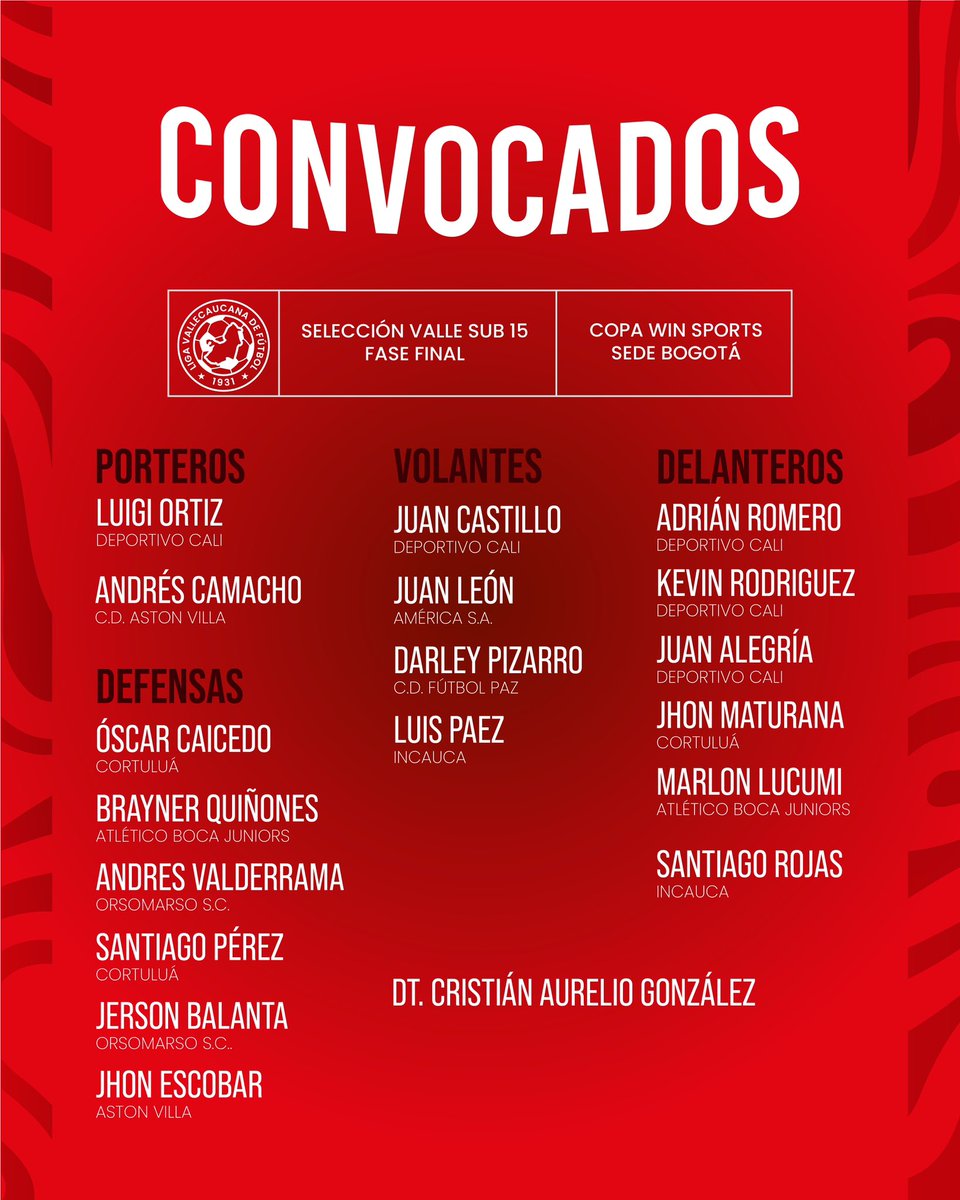 Convocados ✅
Nuestros talentos que buscarán el Titulo en Bogotá 🥶
Los escogidos por el profe González 👨🏻‍🏫 #Sub15
Win Sports Difutbol Col