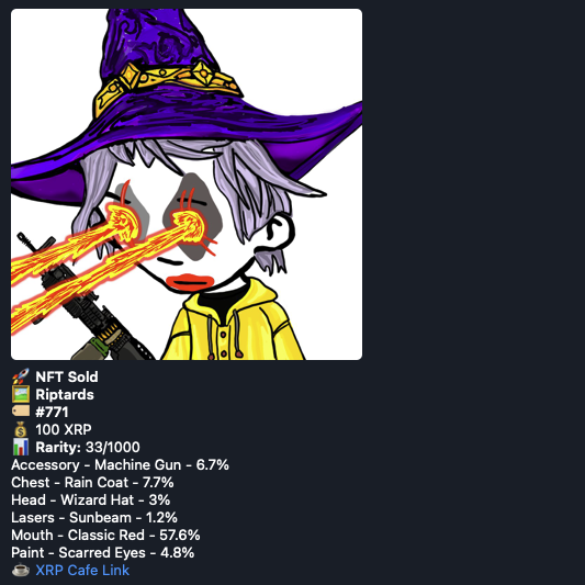 RiptardNFTBot's tweet image. The ultimate XRPL NFT notification bot! 🤖

Events
🌱 Minted
📢 Listed for Sale
🎯 Buy Offer
🚀 Sold
🔥 Burned

Features
💎 Rarity
🏷️ Min/max price
🗣️ Multiple languages
🛠️ Custom display fields

Available on Telegram and Discord 🌎

Brought to you by the @RiptardXRPL community…