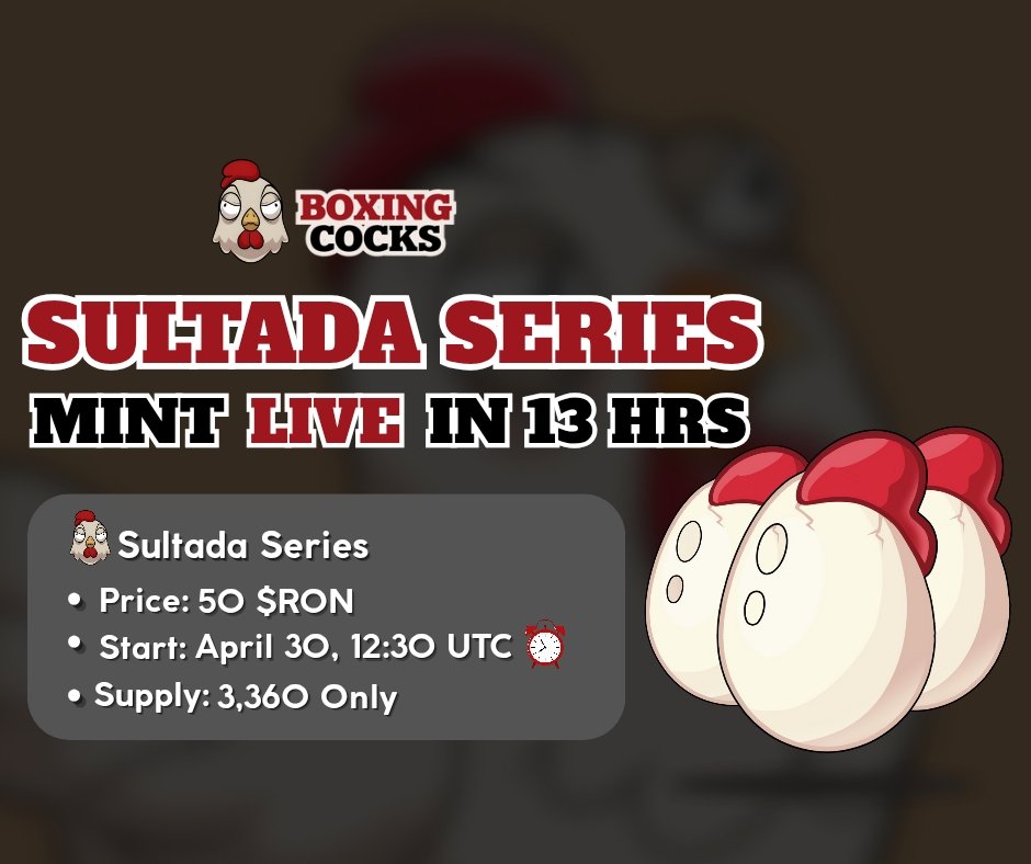 The Sultada Series mint starts in 12 hours🔥🐔 .

Here’s what you need to know:

Price:
🔸Top G, OG &amp; $BOCK holders: 40 RON
🔸FCFS phase: 45 RON
🔸Public Mint: 50 RON

Mint time:
April 30, 2025, 12:30 UTC

Mint page:
opensea.io/collection/box…

Let’s mint and get ready to hatch our