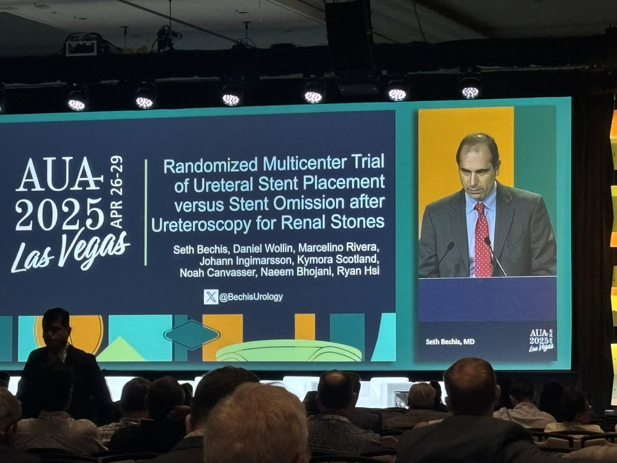 Amazing time at #AUA2025! A highlight - watching <a href="/BechisUrology/">Seth Bechis</a> present our practice-changing and paradigm-shifting (their words, not ours) clinical trial. Take home - you can defer a stent in uncomplicated URS with up to 1.5cm renal stones (even with a sheath)! <a href="/CoREndourology/">CoRE</a>