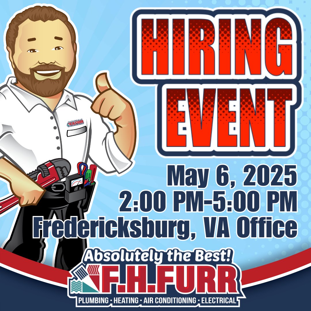 📣 Fredericksburg Hiring Event – Join Our Team! ⚡❄️

📅 Tuesday, May 6, 2025
🕑 2:00 PM – 5:00 PM
📍 Fredericksburg, VA

We’re hiring Residential Electricians and HVAC Service Technicians to join our growing team!
shorturl.at/gDvxw

#FredericksburgJobs #HiringEvent