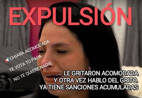 Producción de Telefe tomen las debidas medidas !  Comentar y responder a los gritos es penalizado.
Así fue penalizada Furia, se acuerdan ? Y eso que no lo dijo a los 4 vientos como Chiara. EXPULSION BASTA de tanto acomodo
