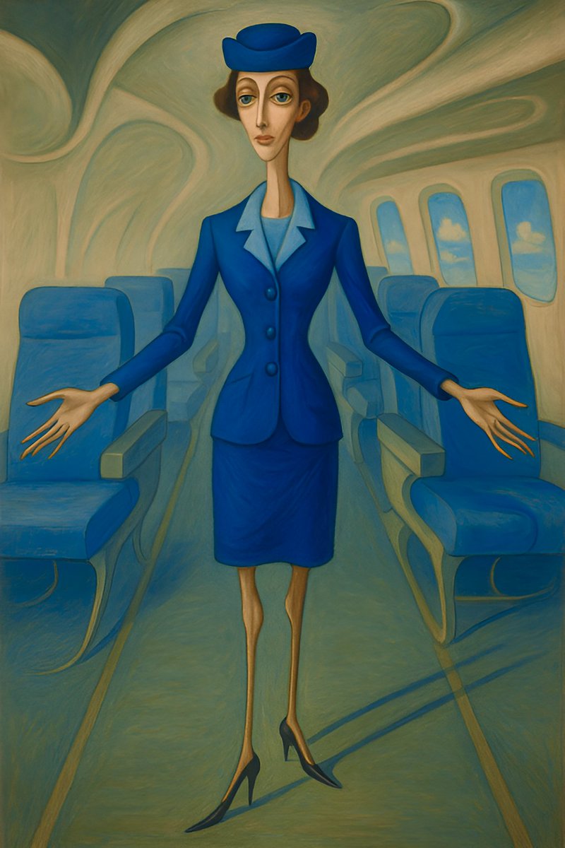 "Surreal Flight Attendant" — whimsical travel art by TransGlobal Gallery now available as an art print, on postcard and merch!  redbubble.com/i/postcard/Sur…
