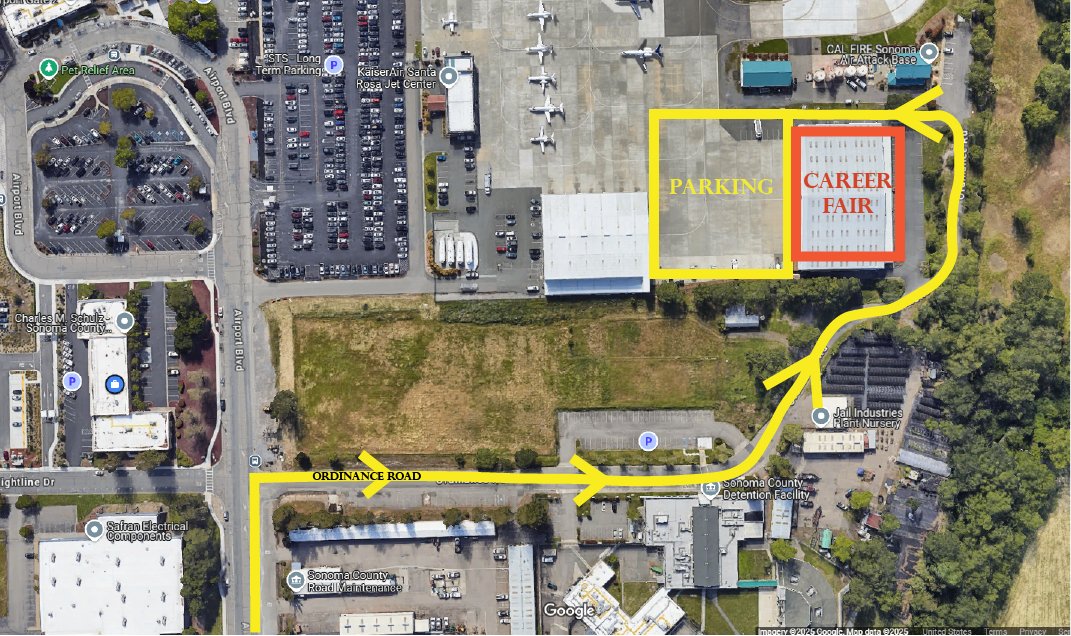 The STS Career Fair is Tomorrow!

Join us at Kaiser Air, where employers from a wide range on industries will be on site and ready to take your resume.

Set your driving directions to “Ordinance Road, Santa Rosa, CA, 95403".
From there, follow the signs to the event.
