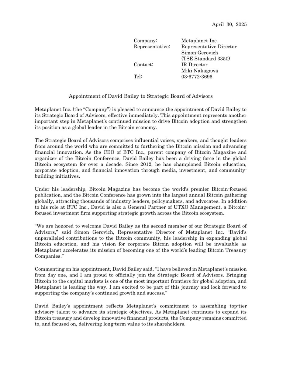 Metaplanet_JP's tweet image. *Appointment of David Bailey to Strategic Board of Advisors*