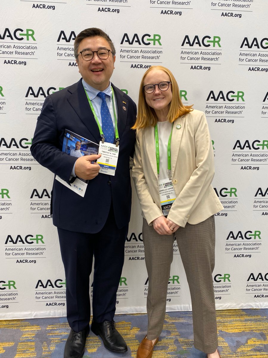 Timothy Yap presents his work on the ATR inhibitor elimusertib in tumors with DDR alterations (left), published concurrently with #AACR25, and is pictured with our Assistant Editor <a href="/DanielleLarge2/">Danielle Large, PhD</a> (right).