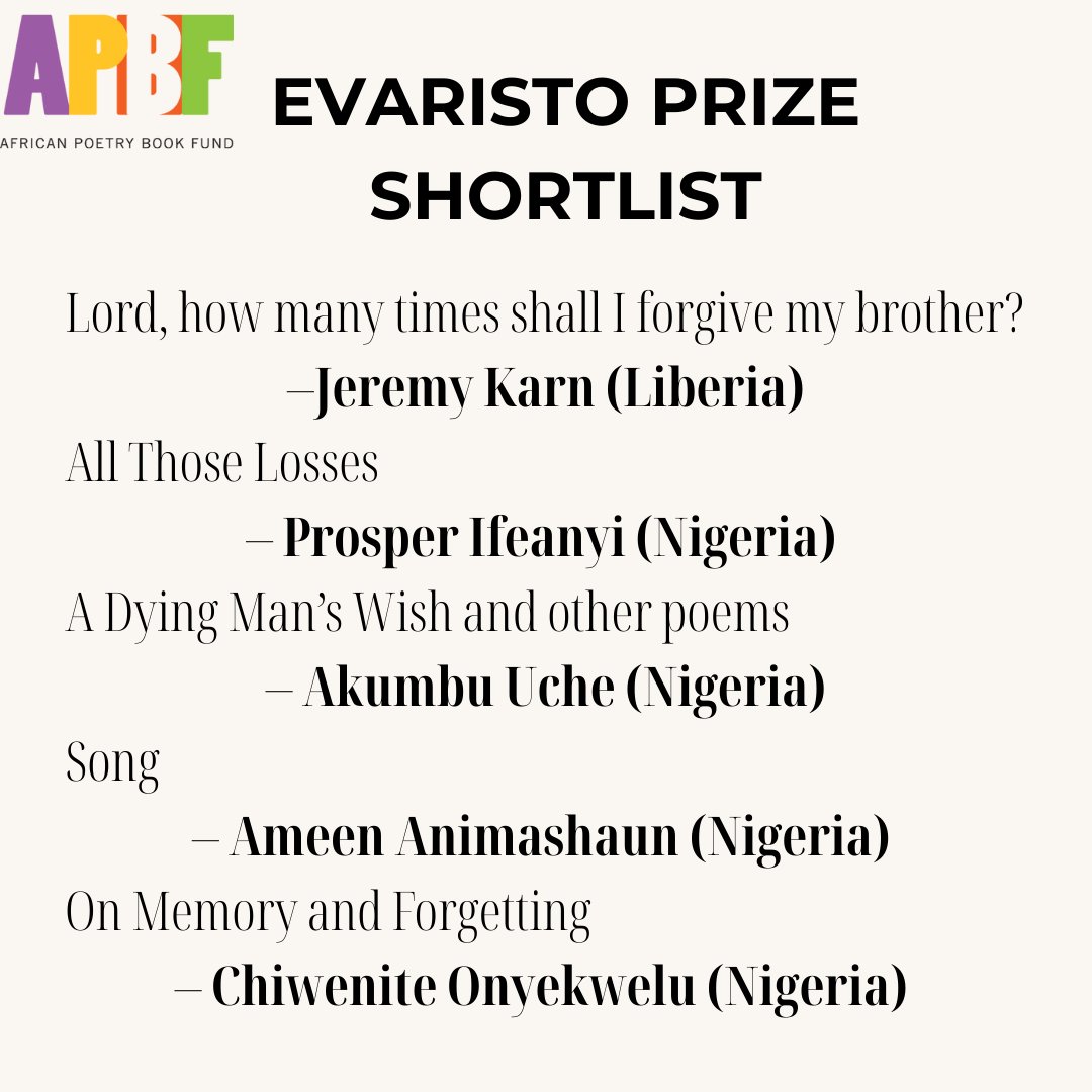 The African Poetry Book Fund is thrilled to announce the short-list of the Evaristo Prize for African Poetry (formerly the Brunel International Prize for African Poetry).
