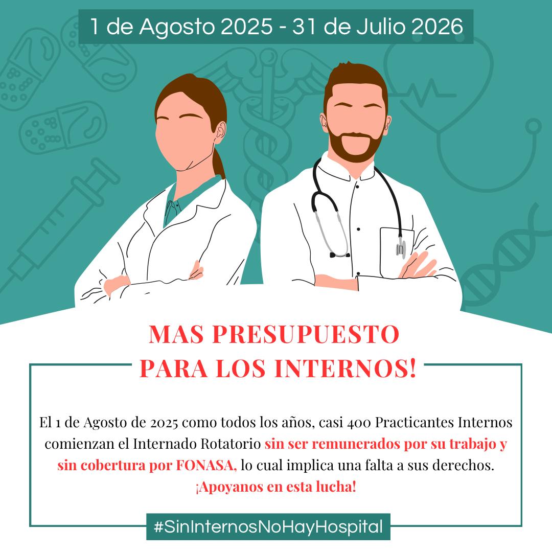 El próximo 1/8 comienza un nuevo ciclo de internado rotatorio, una generación de 800 internos donde casi 400 de nosotros estará cubriendo puestos de trabajo de 44hs semanales en todo el país sin remuneración ni cobertura FONASA.