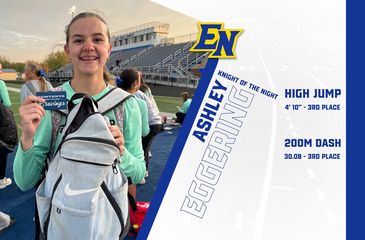 Our Knight of the Night was freshman Ashley Eggering! In her first ever track meet, Ashley jumped to a 3rd place finish in high jump and raced to a 3rd place finish in the 200M dash! We are so proud of you Ashley!
