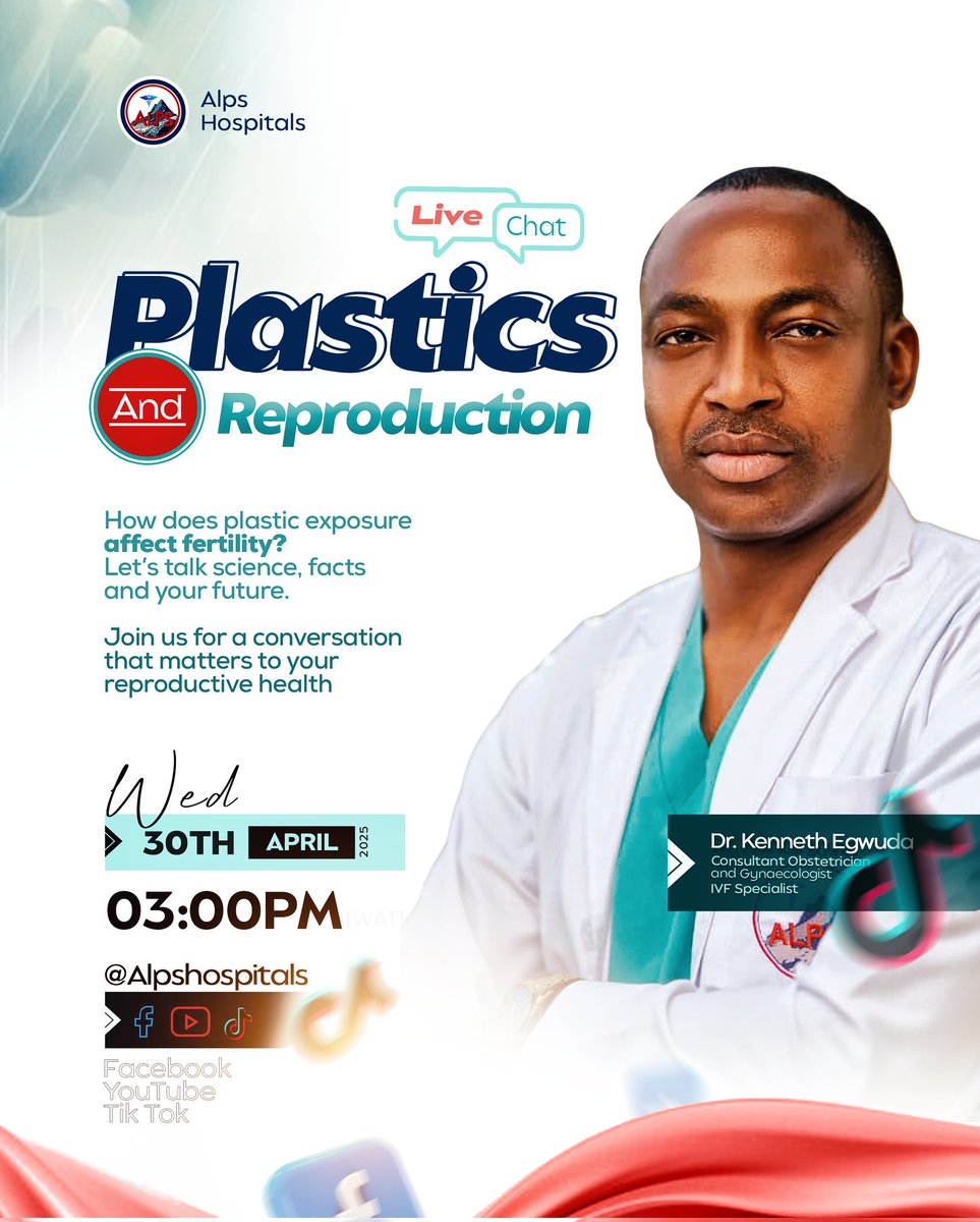 Alpshospitals's tweet photo. Plastics &amp; Fertility — is there a connection?

Join us LIVE this Wed, April 30 at 3PM as we explore how plastic exposure could affect reproductive health.

Streaming on Facebook, YouTube &amp; TikTok.

#Fertility #Plastics #ReproductiveHealth #AlpsHospitals

EFCC Kai Kai https://t.co/mpvIkE4pak