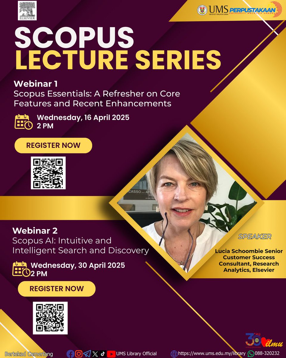 Lib_UMS's tweet image. Don't miss out today at 02:00 pm!!!😉
📲WEBINAR 2
Topic: Scopus AI: Intuitive and Intelligent Search and Discovery
🗓️ 30th April 2025 (Wednesday)
🕚 2 pm
Register NOW:
shorturl.at/9TKT4
✅ FREE registration
#Webinar
#UMSLibraryShare