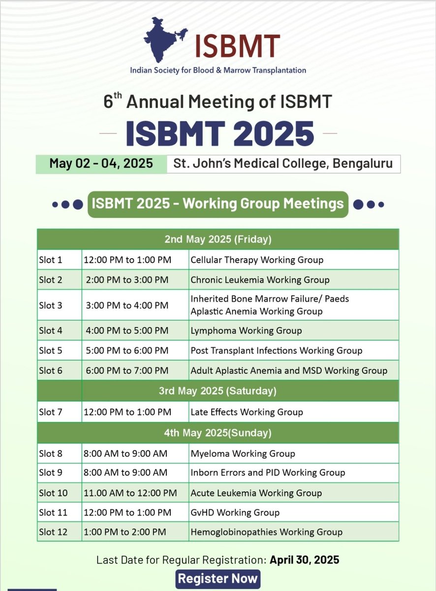 Large number of working groups are active to address various aspects of BMT. (Attached image)

Great opportunity to attend the working group meeting of your choice and be a part of various national level research studies. 

To register annualmeeting2025.isbmt.org