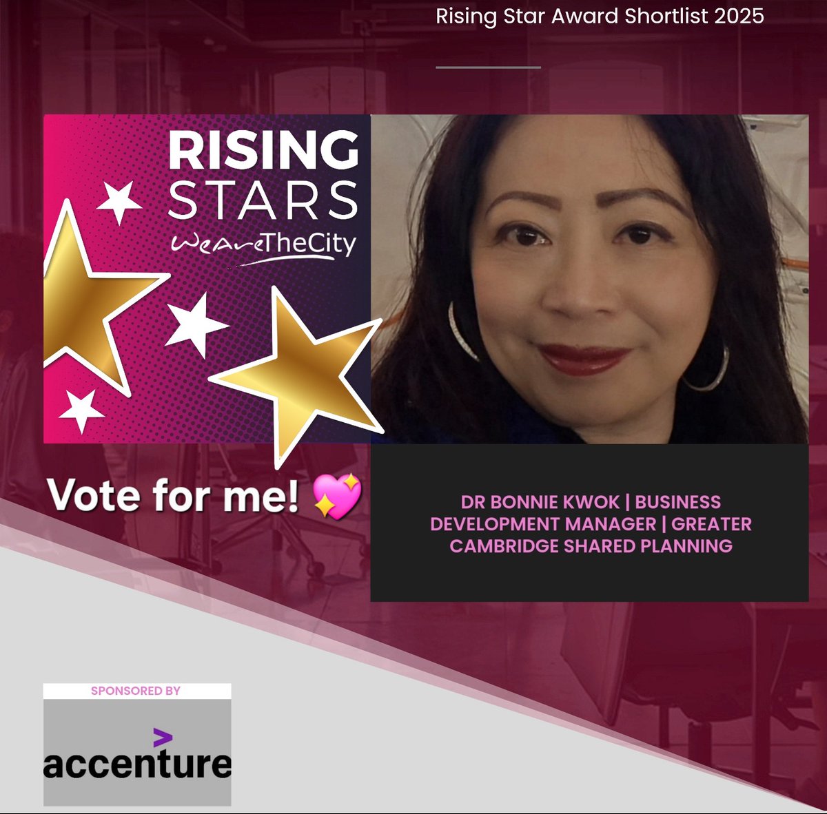 I’ve been shortlisted for the <a href="/WeAreTheCity/">WeAreTheCity</a> #RisingStar100 Award, sponsored by <a href="/Accenture/">Accenture</a> for my youth engagement work  <a href="/GCSP_Planning/">Greater Cambridge Shared Planning</a> &amp; my volunteering work <a href="/Hackney_Chinese/">Hackney Chinese Sch</a> School,  all guided by a passion for driving meaningful change. Pls vote for me:
bit.ly/rssl2025