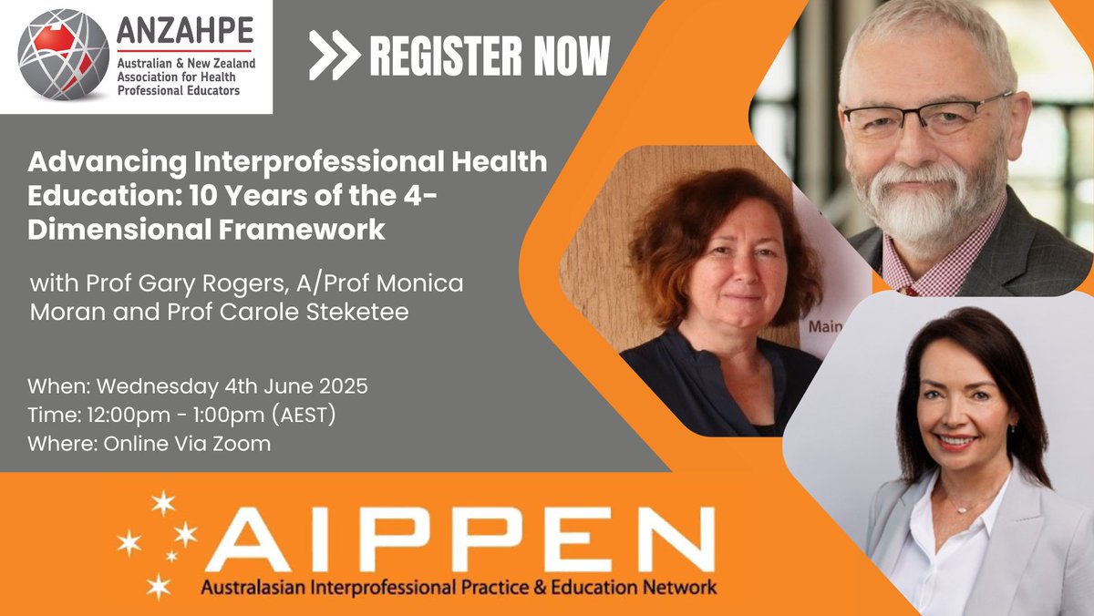 Have you registered for the upcoming AIPPEN IPE session: Advancing Interprofessional Health Education: 10 years of the 4-Dimensional Framework with Gary Rogers, Monica Moran &amp; Carole Steketee
When: 12pm (AEST), Weds 4th June
Register: anzahpe.org/event-5815424