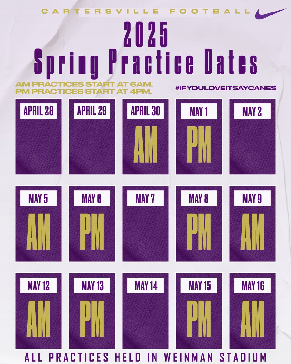 Spring Practice starts tomorrow at 6am. We will then launch our Mission + Nutrition Fundraiser from 4-5pm with a quick dinner for coaches and players following. 

Also, Coach Foster will be sending an email in the morning about film and walk-through times for the next few weeks.