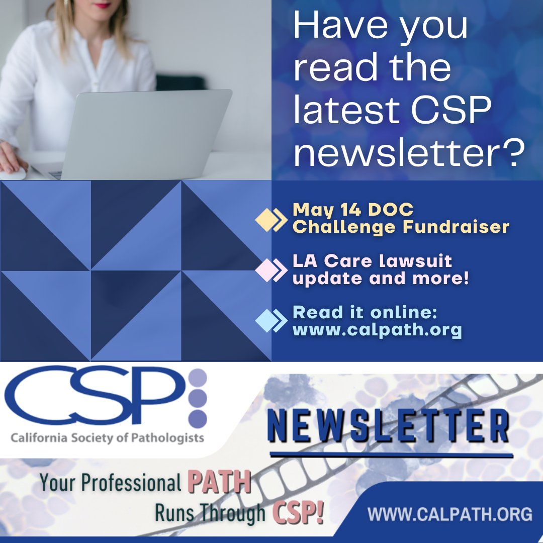 🧠📬 Have you read the latest CSP newsletter?
📰 CSP E-news: May 14 🗓️ DOC Challenge Fundraiser, ⚖️ LA Care lawsuit update, and more!
🔗 Read it online: ow.ly/NbQt50VK7ue

🧬🧪

#pathology #cspath