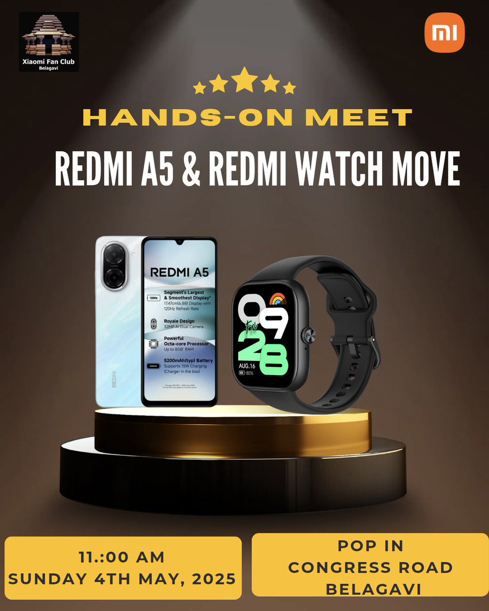 XFCBelagavi's tweet image. Something BIG is here, and you’re invited!
Come join us for the Hands-on Meet of the all-new #RedmiA5 &amp;amp; #RedmiWatchMove.
Experience innovation. Connect with Mi Fans &amp;amp; make it a moment to remember.

@atytse @mathursudhin @s_anuj @gautmeluv @sandeep9sarma @Huilgol @pixelwithme