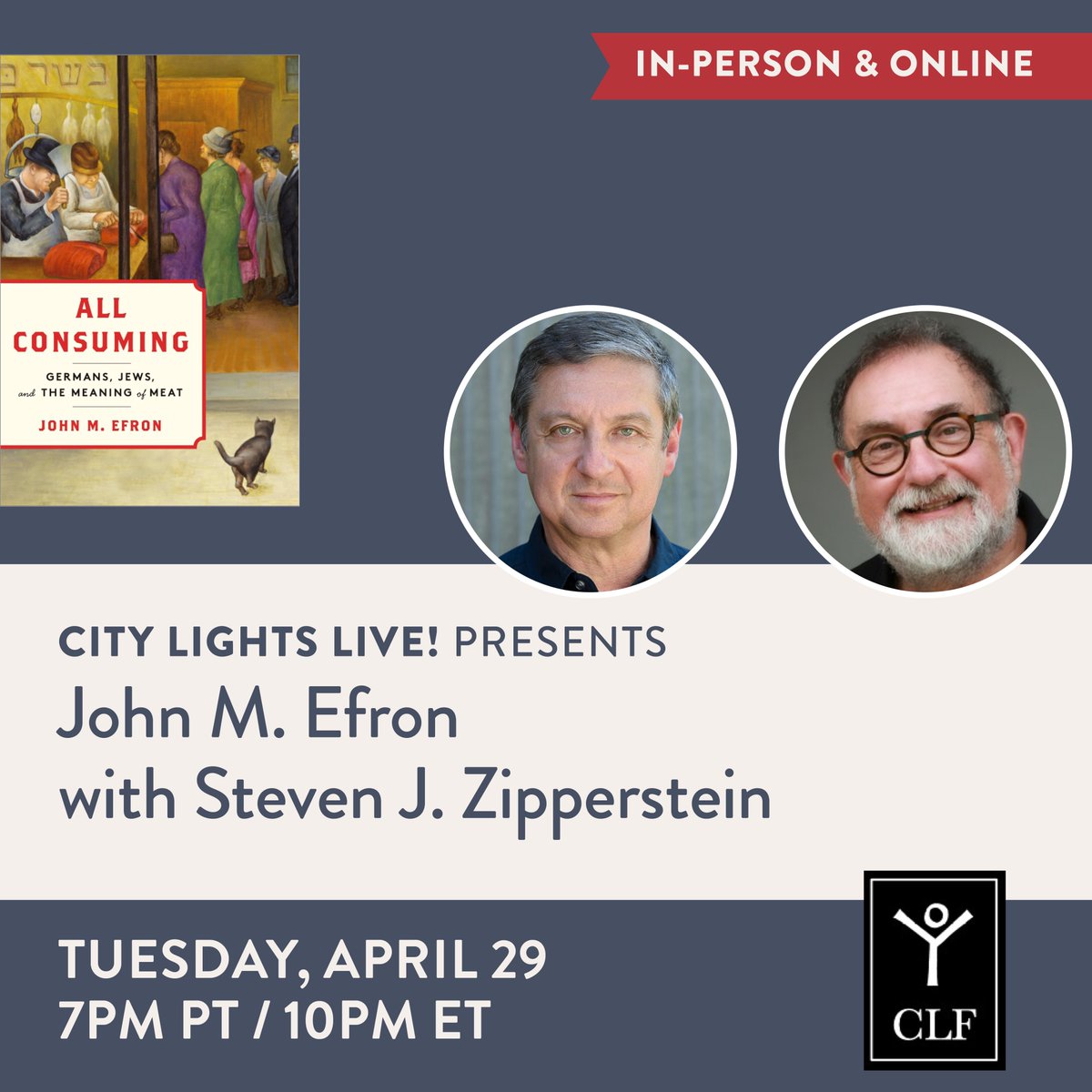 Starting at 7pm PT!

John M. Efron will be in conversation with Steven J. Zipperstein to discuss Efron's new book, ALL CONSUMING: Germans, Jews, and the Meaning of Meat [<a href="/stanfordpress/">Stanford Press</a>]  

Join us in the bookstore or tune into the livestream! citylights.com/events/john-m-…