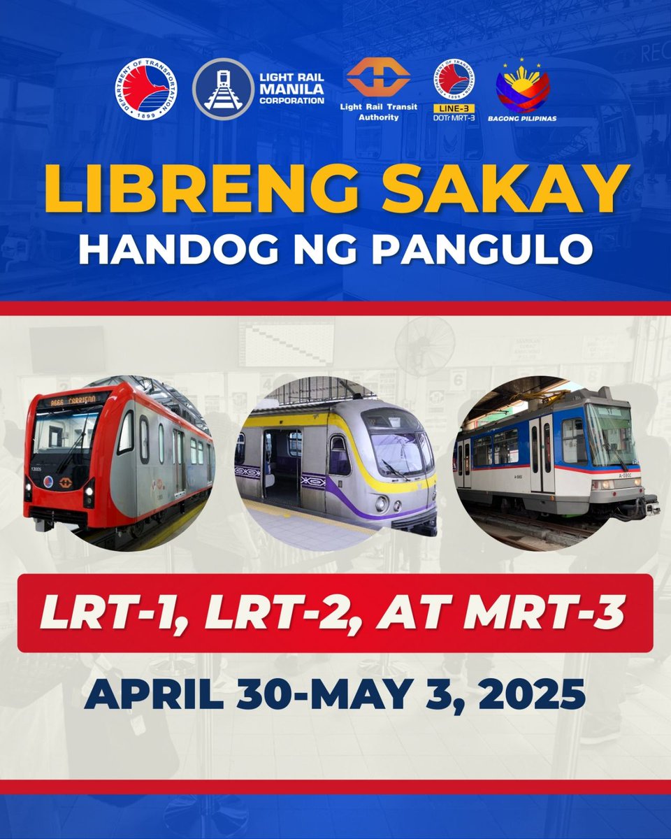 DOTrPH's tweet image. 𝐆𝐎𝐎𝐃 𝐍𝐄𝐖𝐒: 𝐋𝐈𝐁𝐑𝐄𝐍𝐆 𝐒𝐀𝐊𝐀𝐘 𝐏𝐀𝐑𝐀 𝐒𝐀 𝐋𝐀𝐇𝐀𝐓 𝐍𝐆𝐀𝐘𝐎𝐍𝐆 𝐀𝐑𝐀𝐖 𝐇𝐀𝐍𝐆𝐆𝐀𝐍𝐆 𝐌𝐀𝐘 𝟑!

facebook.com/share/p/163sdm…

#DOTrPH🇵🇭 #LibrengSakay #MRT3 #LRT1 #LRT2
