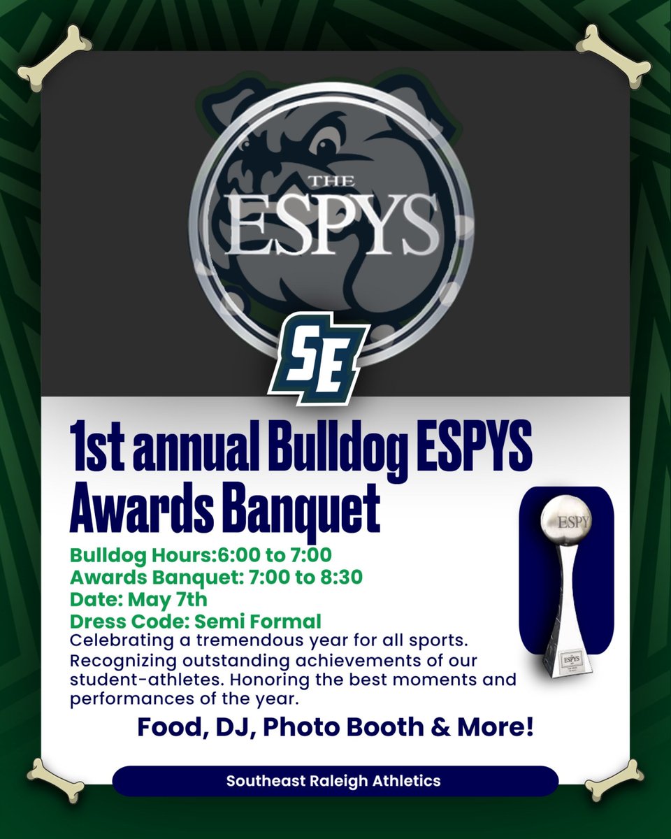 🎉🏆 It’s almost time! Join us May 7th for the 1st Annual Bulldog ESPYS 🎓🐾
A night to honor our amazing student-athletes!
🕕 Bulldog Hours: 6–7PM
🎤 Banquet: 7–8:30PM
📸 Food, DJ, Photo Booth &amp; more!
#SRMHS #BulldogESPYS #StudentAthletePride #WeAreSoutheast